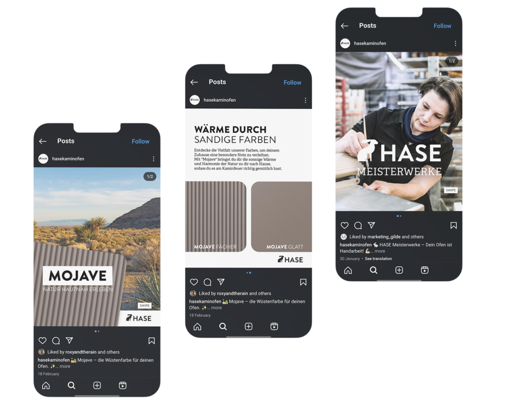 Drei Smartphone-Mockups zeigen Instagram-Posts von HASE Kaminöfen – Social Media Betreuung Günzburg durch die Marketing Gilde